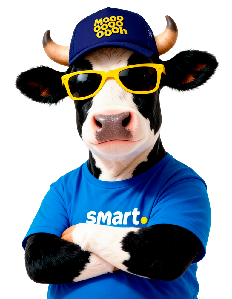 Mascote da smart.Mooh, uma vaca de óculos escuros e boné, de braços cruzados