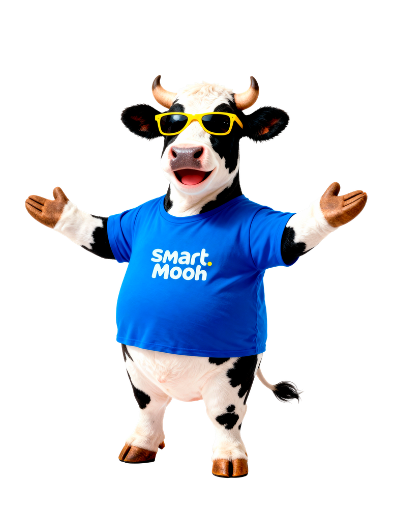 Mascote da smart.Mooh de braços abertos, dando boas-vindas